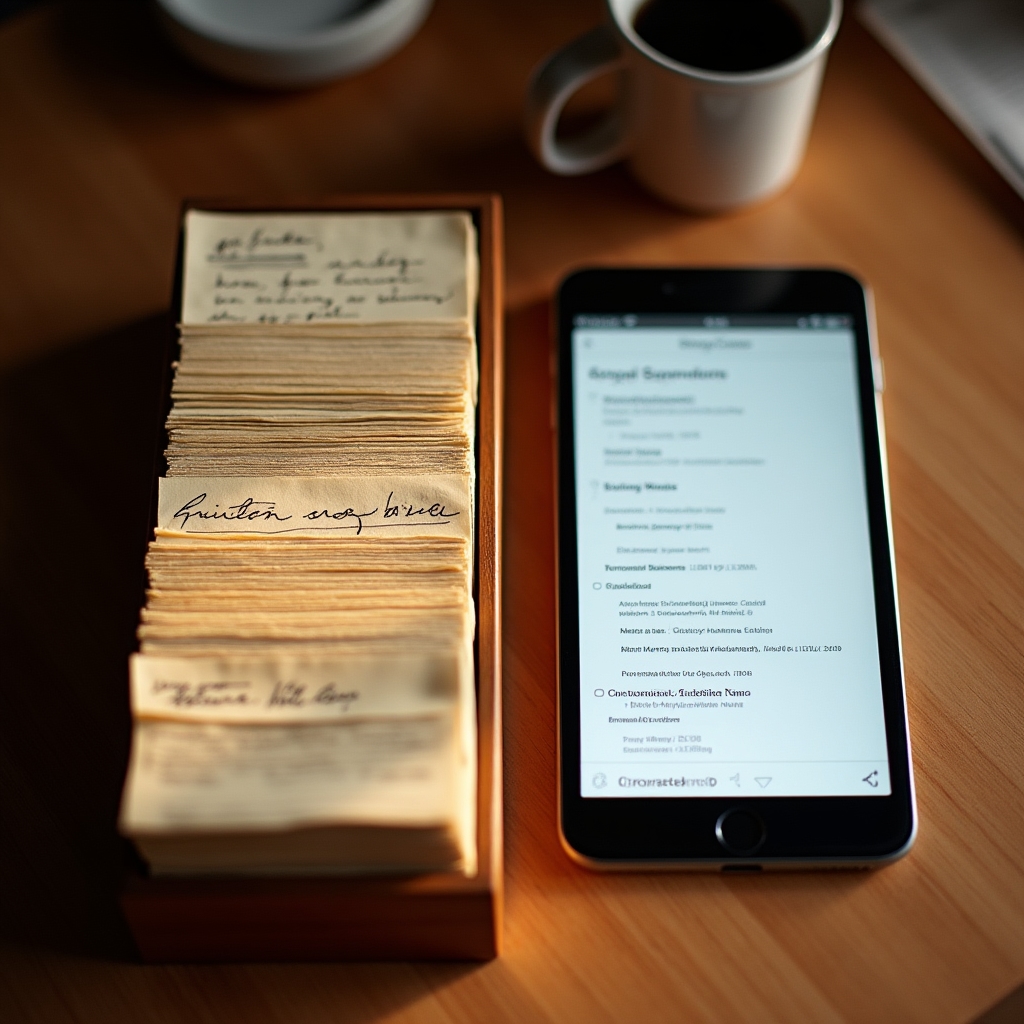 Handgeschriebene Karteikarten und digitale Notizen im Vergleich auf einem Schreibtisch