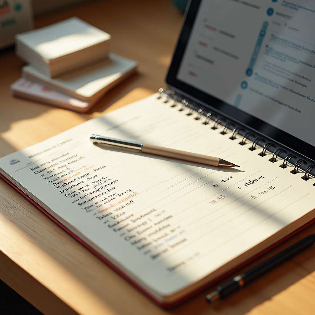 Strukturiertes Notizsystem auf einem Schreibtisch mit digitalen und analogen Werkzeugen