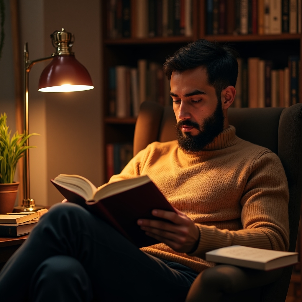 Fachkraft liest konzentriert Fachliteratur in einem modernen Coworking Space
